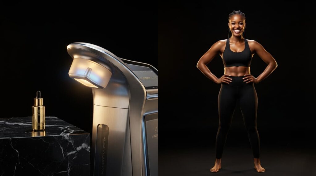 A split-frame editorial image showing a sleek, modern laser contouring device on the left and a confident, sculpted Kenyan woman in athletic wear on the right, representing the science and results of body sculpting at Luxe Nova Aesthetics.