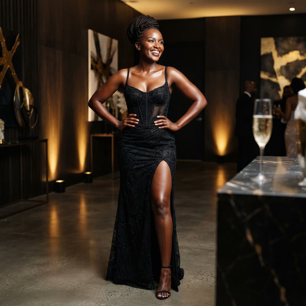 A radiant, confident Kenyan woman in a glamorous black evening gown, looking off-camera with a joyful smile, representing the ultimate body confidence achieved through laser contouring at Luxe Nova Aesthetics.