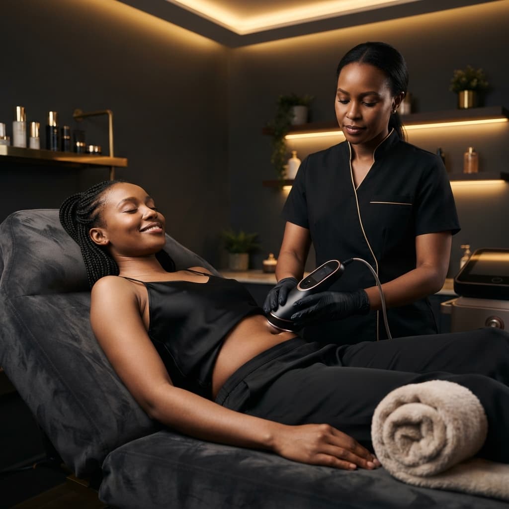 A relaxed Kenyan woman lying on a plush aesthetic bed during a non-invasive laser contouring session, with a professional aesthetician gently placing the device on her abdomen.
