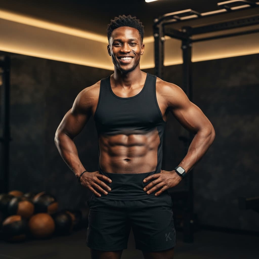 A confident, sculpted Kenyan man with an athletic physique and a radiant smile, demonstrating that laser contouring is effective and empowering for men as well as women.