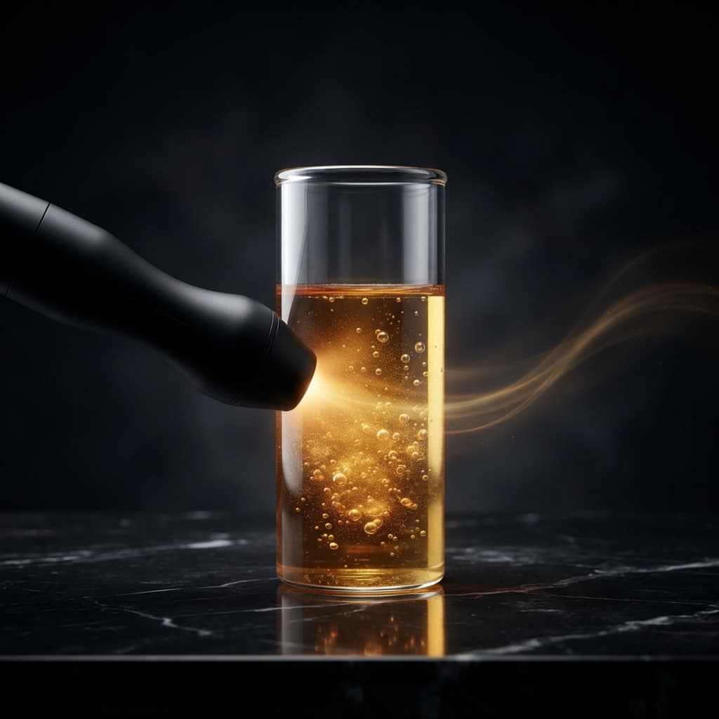 A minimalist conceptual arrangement of a glass cylinder with golden liquid and a sleek medical tool on black marble, representing the science of permanent fat cell destruction and elimination through laser contouring.
