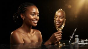 A confident Kenyan woman with glowing skin looking into a gold mirror, next to a medical aesthetic syringe, representing a natural and safe Botox treatment at Luxe Nova Aesthetics.