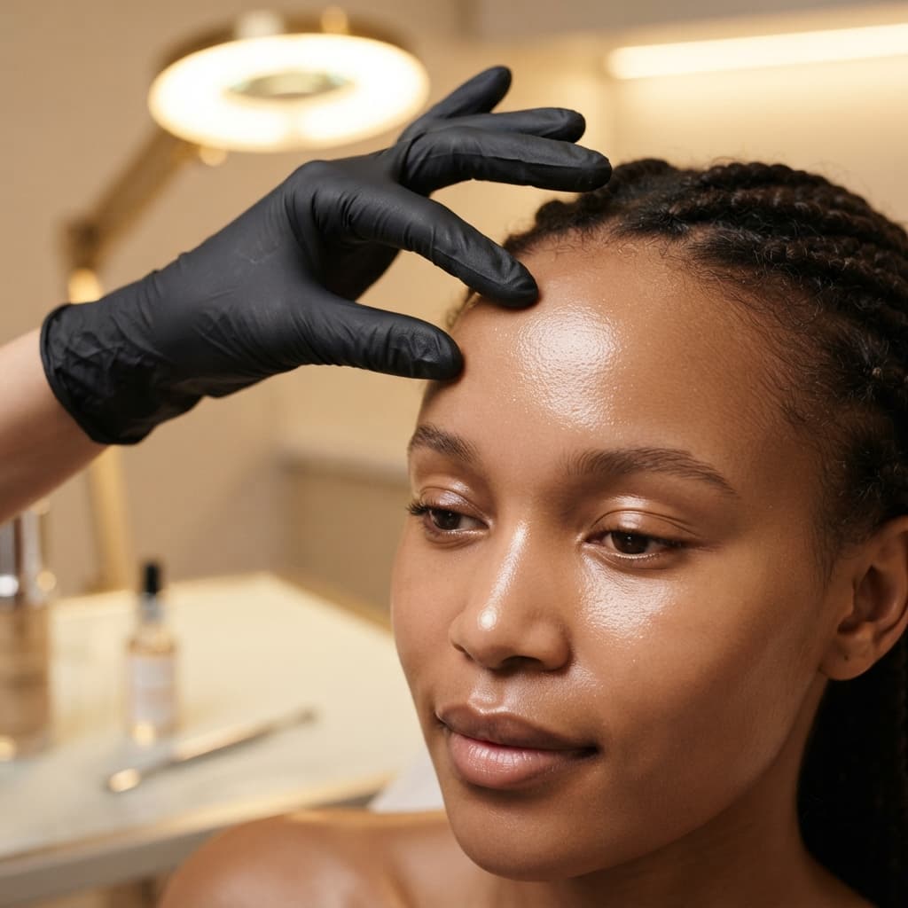 Close-up of a flawlessly smooth forehead of a Kenyan woman, with a aesthetician's gloved hand gently touching it, illustrating the precise and natural results of Botox.