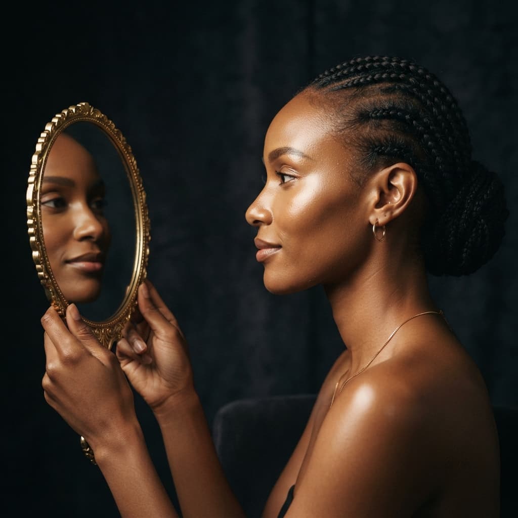 A beautiful Kenyan woman showcasing a naturally sculpted, slim jawline and defined cheekbones while looking into a gold mirror.