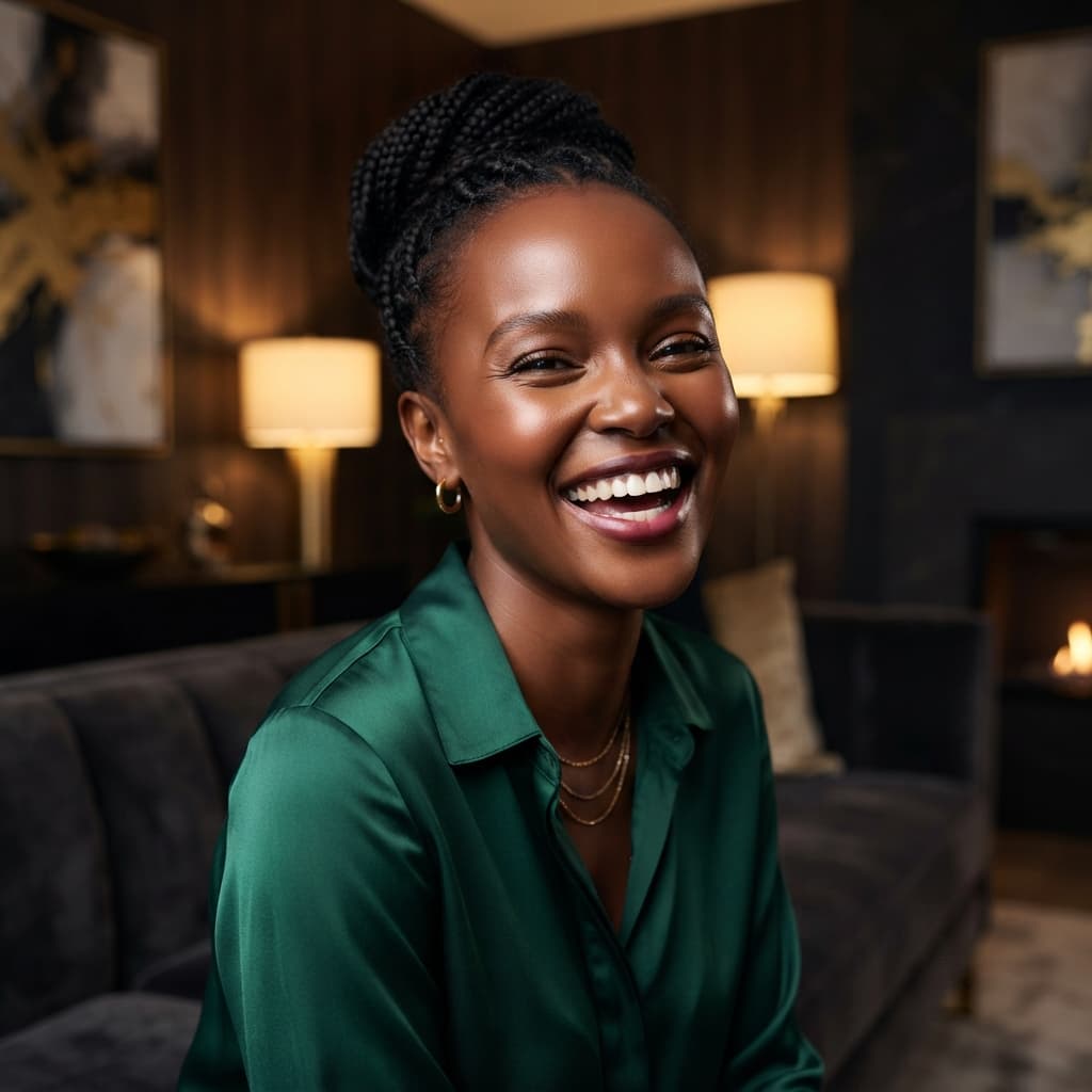 A joyful, laughing Kenyan woman with a smooth forehead and relaxed crow's feet, demonstrating that Botox allows for natural, expressive smiles without frozen features.