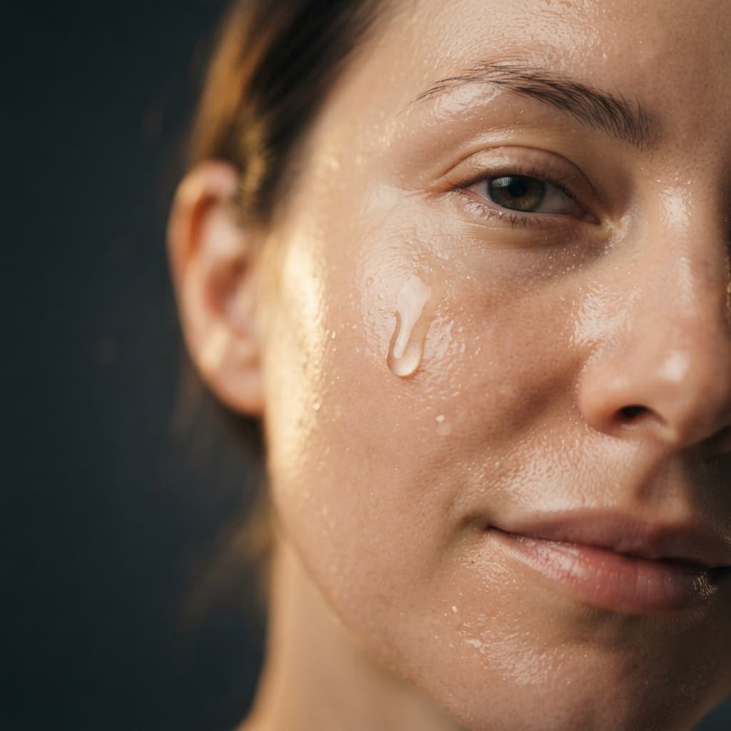Close-up macro shot of glowing, damp skin with a drop of hydrating serum, illustrating the 'wet before dry' rule for applying skincare products.