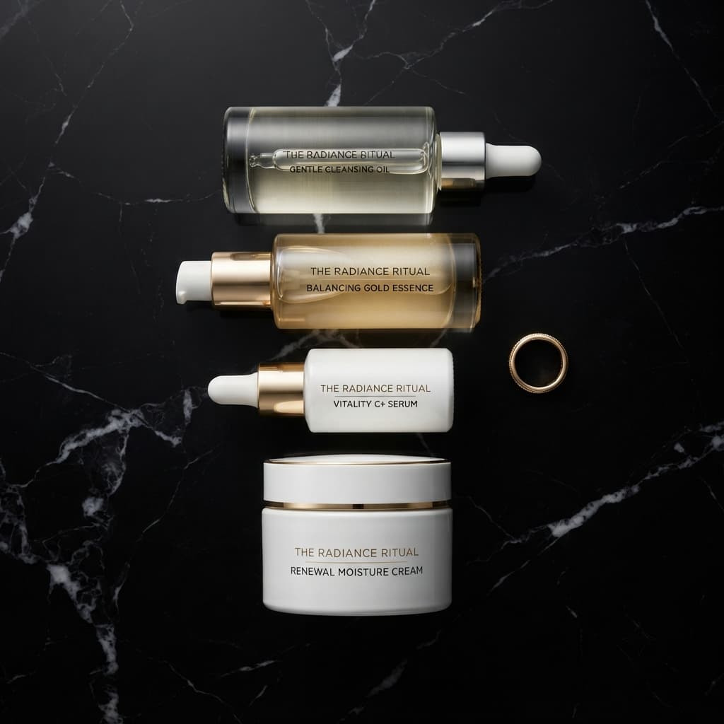 Minimalist flat lay of four luxury skincare products stacked vertically on a black marble surface, demonstrating the correct order of a morning skincare routine.