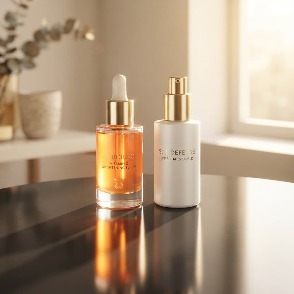 Two luxury skincare bottles side-by-side; a glowing orange Vitamin C serum and a sleek white SPF 50 moisturizer, representing the essential morning protection steps.