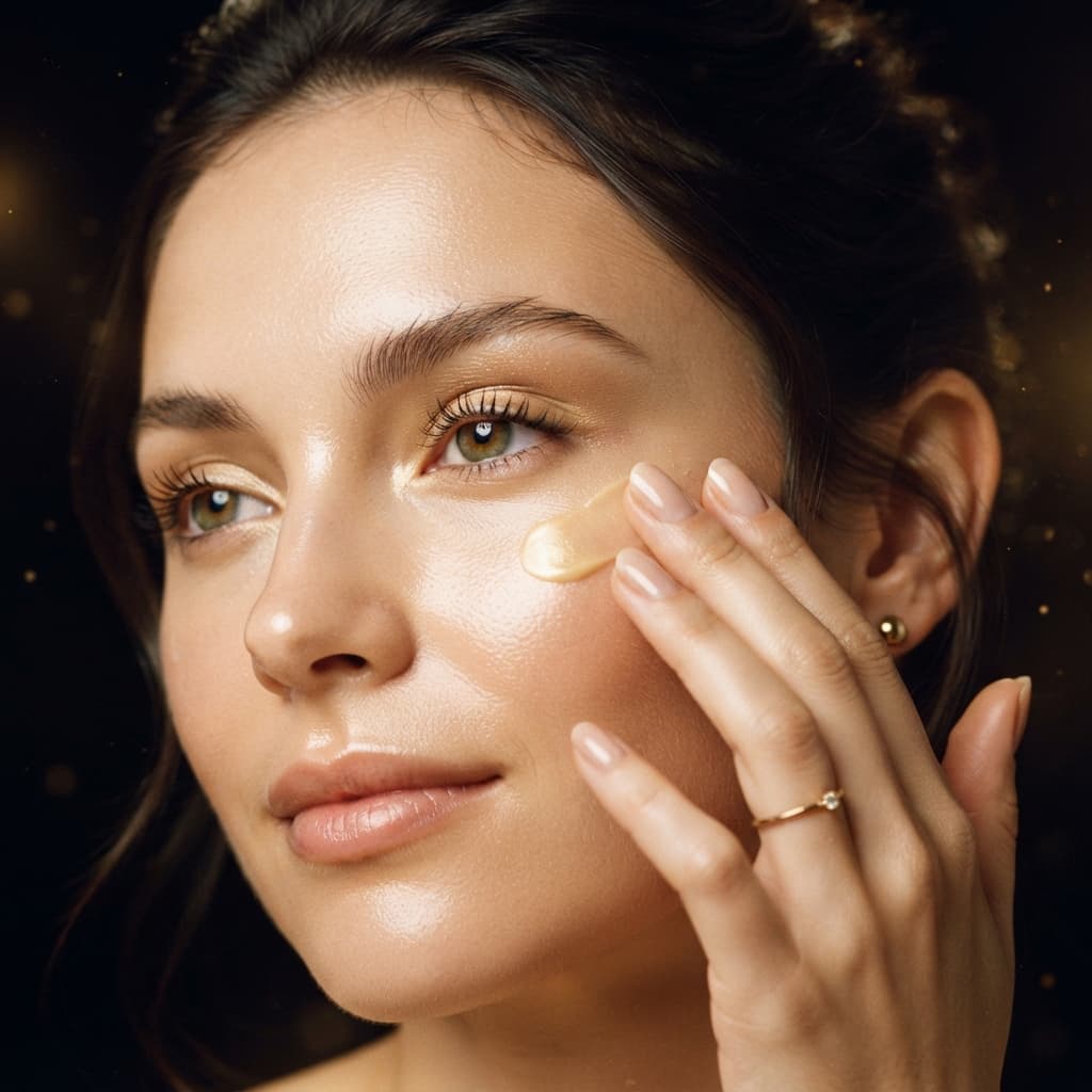 Close-up of a woman gently patting luxurious golden eye cream under her eye with her ring finger, demonstrating the delicate application method.