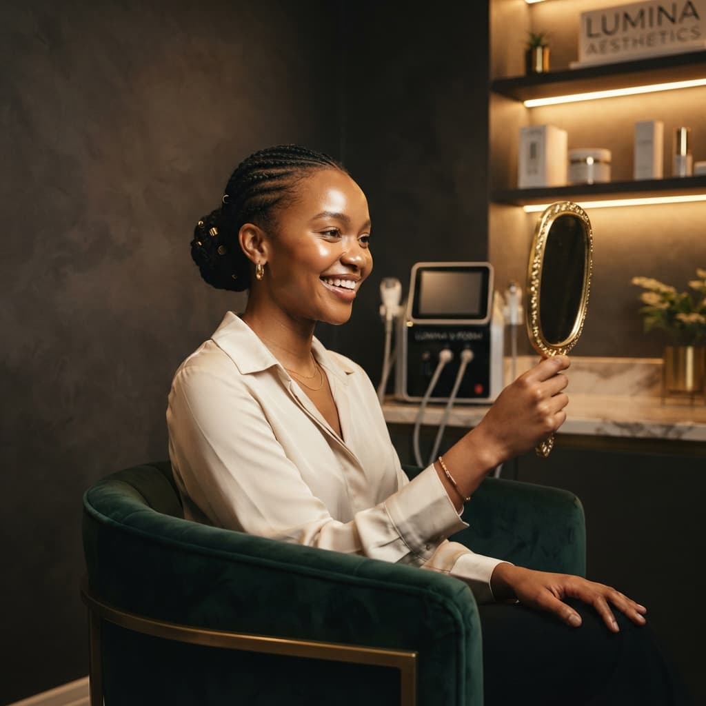 A radiant, smiling Kenyan woman sitting in a luxury aesthetics clinic holding a gold mirror, representing professional skincare treatments at Luxe Nova Aesthetics.