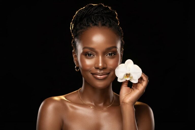 A radiant Kenyan woman with glowing skin holding a white orchid, representing premium facial and skin rejuvenation treatments at Luxe Nova Aesthetics.
